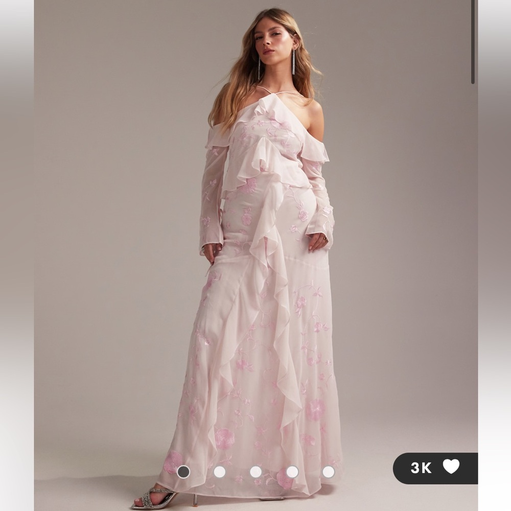 ASOS DESIGN Bridesmaids ruffle cold shoulder maxi dress in soft pink